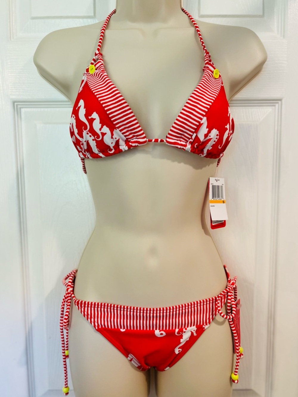 Gossip Bright Orange Red White Striped Triangle Seahorse String Bikini S/M